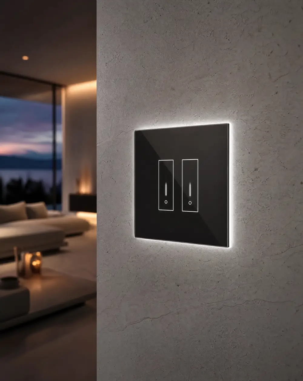 iotty 2-gang · black glass smart switch, backlit on a plaster wall