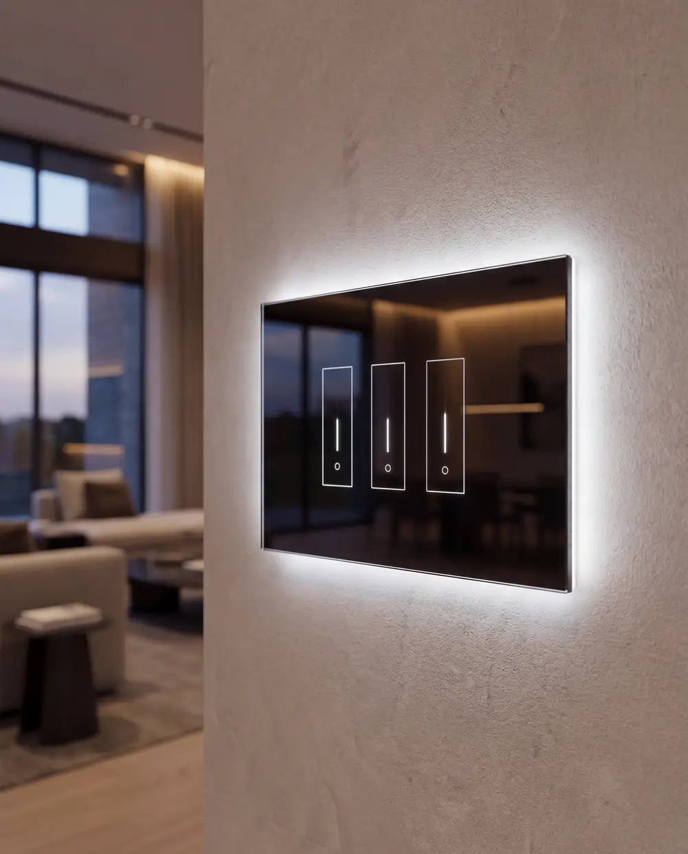 iotty 3-gang · black glass smart switch, backlit on a plaster wall