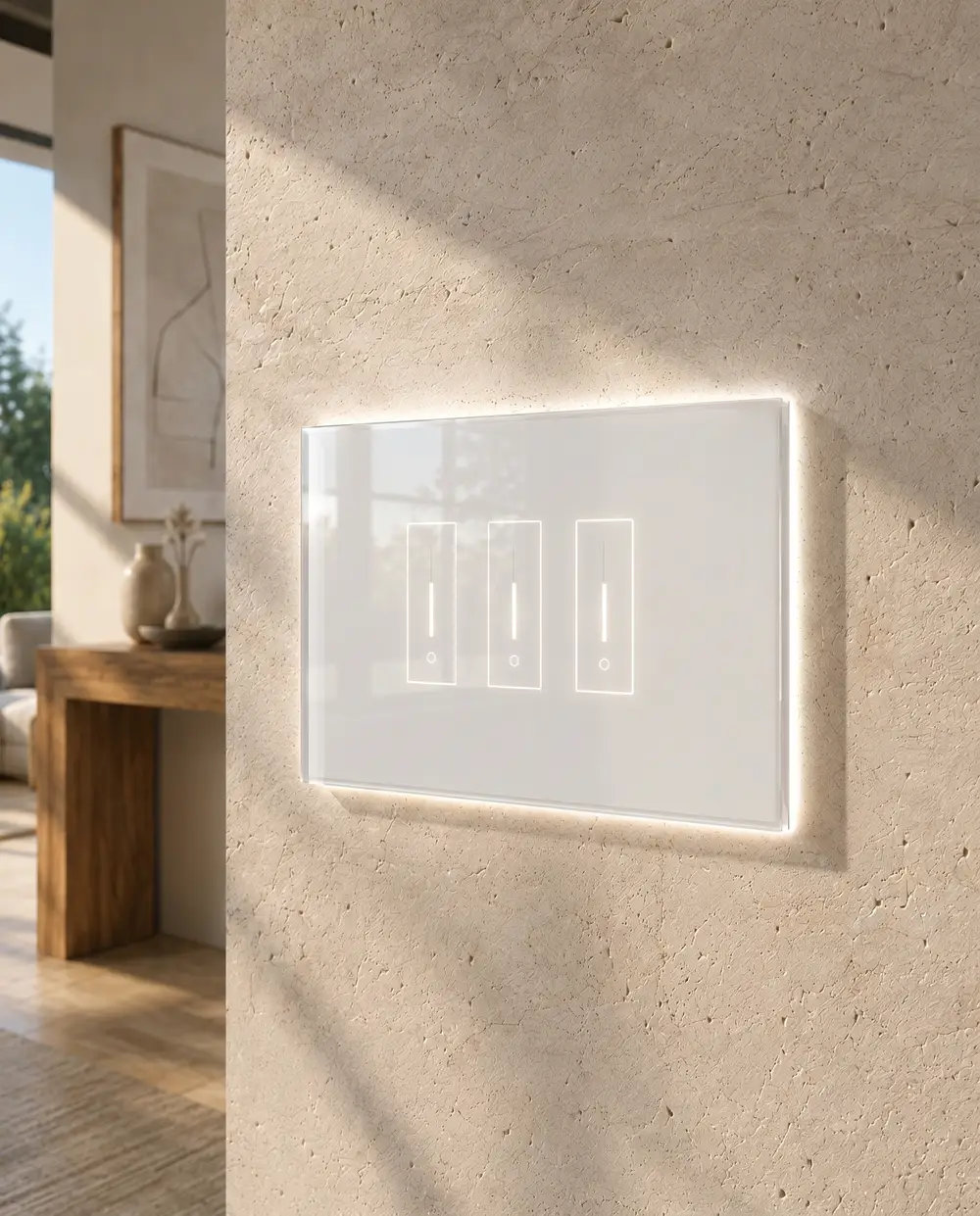 iotty 3-gang · white glass smart switch, backlit on a plaster wall